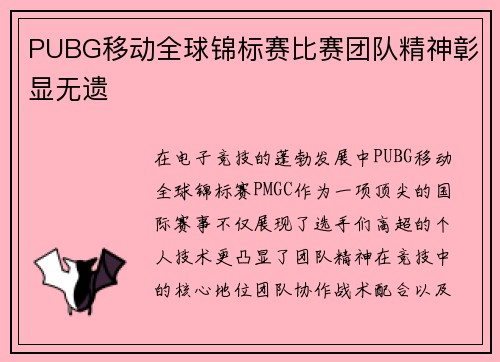 PUBG移动全球锦标赛比赛团队精神彰显无遗
